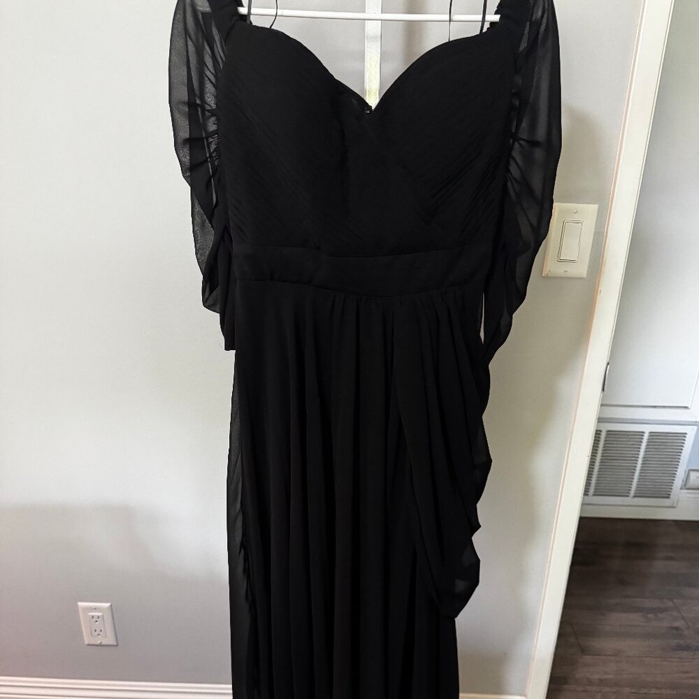 Black chiffon off the shoulder gown